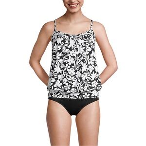 Lands End Blouson Tankini Swim Top Black Havana Floral Size 8